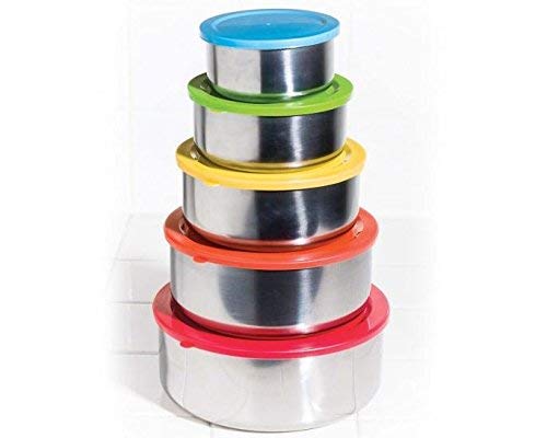 Home Solutions Storage Bowl Set with Colored Plastic Lids - 5 Pieces - Stainless Steel