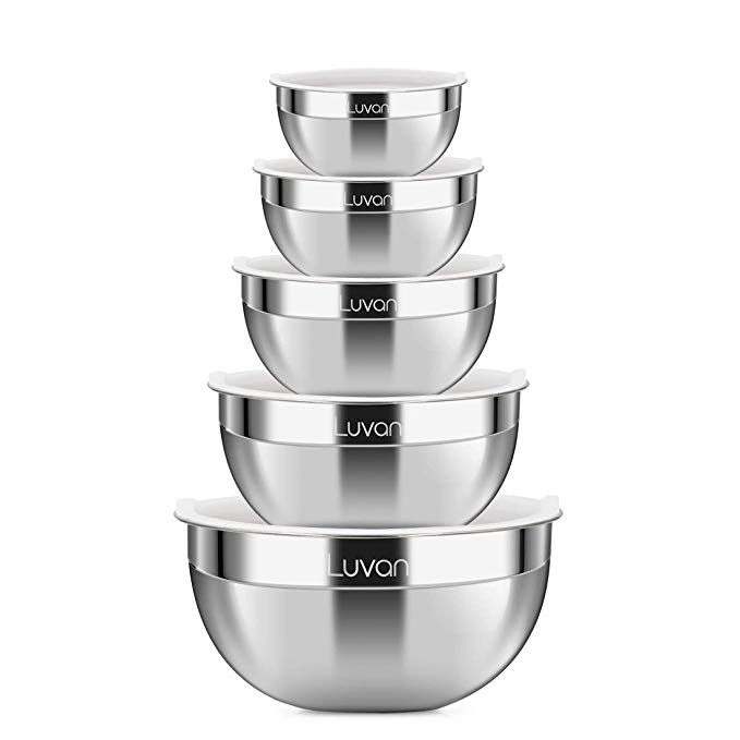 Luvan 18/10 304 Stainless Steel Mixing Bowls with Lids,Wide Rim for Easy Grip and Pouring,Extra Deep for Generous Servings,Stackable for Convenient Storage,FDA-Approved&BPA-free,Set of 5