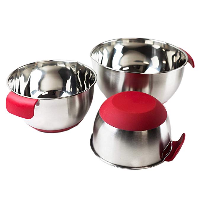 HUJI 3 Piece Stainless Steel Mixing Bowls Set with Pouring Spouts & Non-Slip Silicone Base and Handles For Baking Mixing Cooking Kitchen Tools (Red)