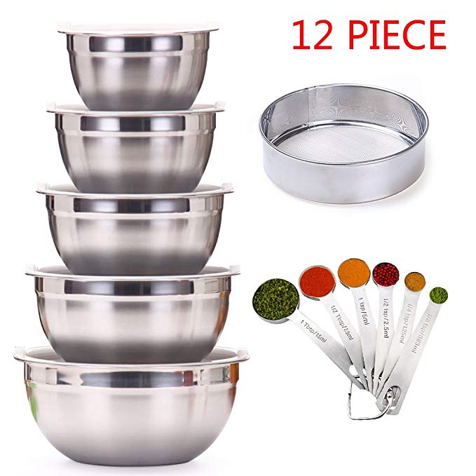 Vencer Various Sizes Stainless Steel Mixing Bowl With Airtight Lids, Equipped with Set of 6 Stainless Steel Nesting Measuring Spoons and Flour Mesh filter Colander Sieve Strainer Sifters, VSO-022