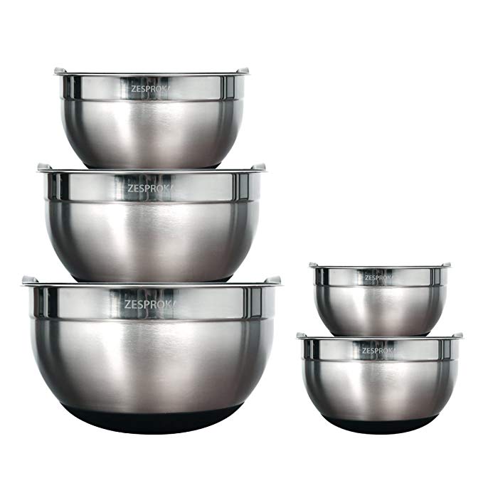 ZESPROKA Set of 5 Stainless Steel Nesting Mixing Bowls with Lids, Measurement Lines and Non-Stick Silicon Bottoms