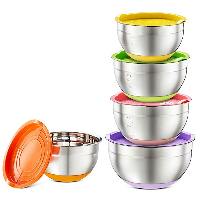 Hexun 5 Piece Stainless Steel Mixing Bowl Set with Colorful Lids, Non Slip Colorful Silicone Bottoms with Thickening and Volume Measurements Salad Bowls/Egg Beating Bowls (Thickening Colorful)