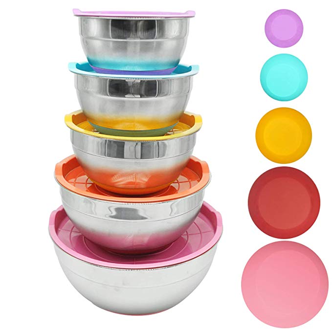 Yzakka bowl-5pcs, 5Pcs Set Stainless Steel Lids 1/2qt 2qt 3qt 8qt 5qt Mixing Measurement Lines and Non-Slip Silicone Bottoms Meal Prep Salad Bowls, 5 Color-Pink/red/Orange/Blue/Purple