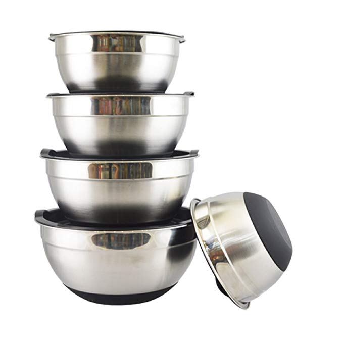 Set of 5 Stainless Steel Mixing Bowls with Non-Slip Silicon Bottom and Lid