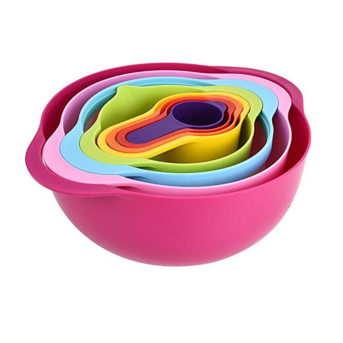 Mixing Bowl Set, Caliamary Nesting Plastic Kitchen Mixing Bowls Set with Mixing Bowls Measuring Cups Colander Sifter, Multicolored Mixing Bowl Set of 8