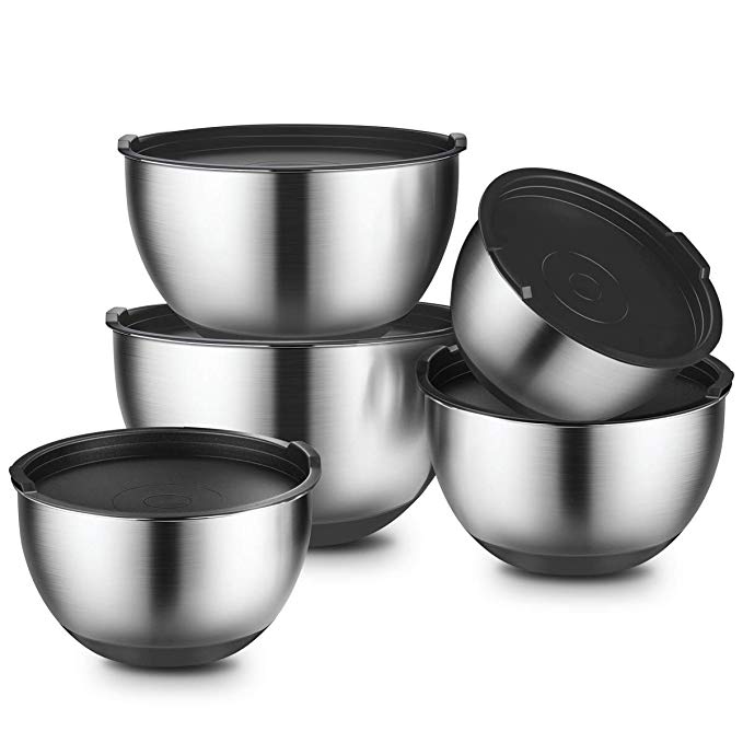 Mixing Bowls With Lids Set of 5, Stainless Steel Mixing Bowls Set with Lids, Non-Slip Silicone Bottom, for Mixing & Beating, Stackable Storage, Set Includes (1, 2, 2.5, 3, 4.5 QT) – By GEEMAY