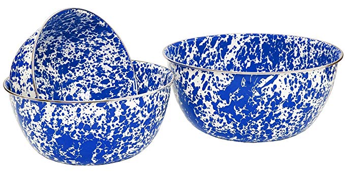 Crow Canyon Enamelware - 3 Piece Mixing Bowl Set - Blue on White Marble