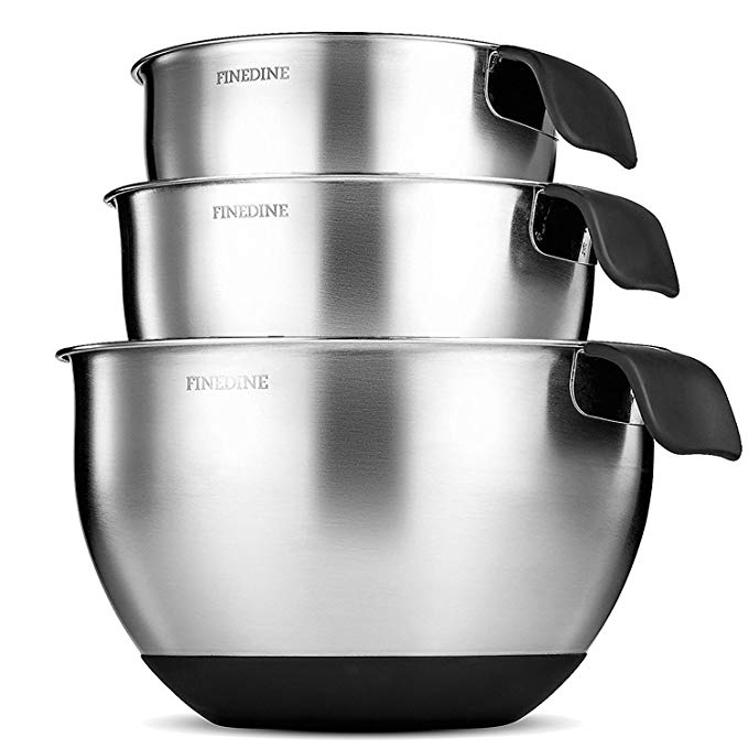 FineDine Stainless Steel Mixing Bowls - (Set of 3) Nesting Bowls, 18/8 Stainless Steel Kitchen Prep & Serving Bowls, With Rubber Grip Handle, Easy Pour Spout and Non Skid Bottom & Measurement Markings