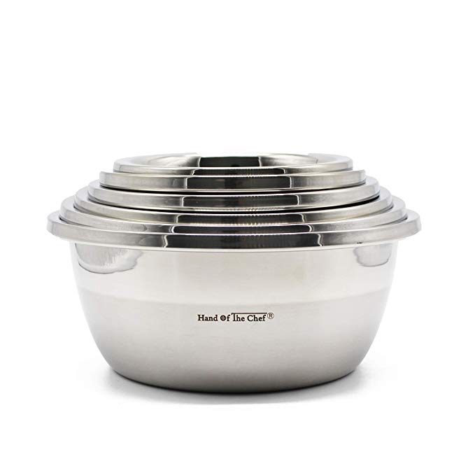 6 Piece Set Stainless Steel flat base Mixing Bowls - Hand of the Chef (6Pcs 1.16-1.7 - 2.22-2.9 - 3.7-4.2) Quart Polished Mirror Finish Easy Grip for Kitchen Cooking baking Nesting Stackable