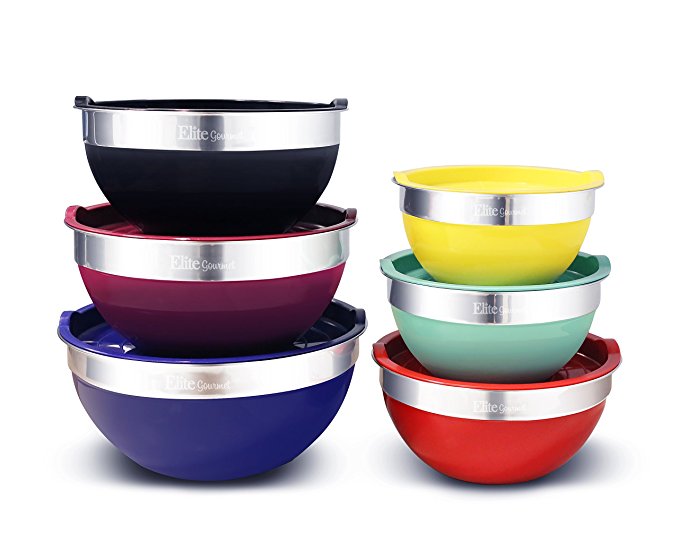 Elite Gourmet EBS-0012 Maxi-Matic 12-Piece Stainless Steel Colored Mixing Bowls with Lids, 7.25 Qt. - 6 Qt. – 3.5 Qt. – 3 Qt. – 2.25 Qt. – 2 Qt.