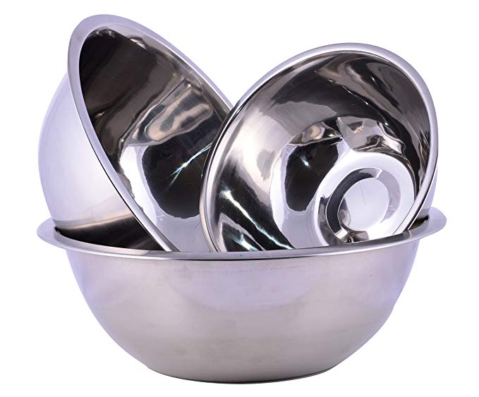 Stainless Steel Cuissentials Set of 3 Kitchen Mixing Bowls High Quality Fine Dining Mirror Finish, Flat Base Curved Lips Prep Bowls, Size 1 Qt, 2 Qt, 5 Qt