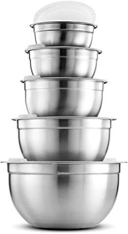 FineDine Premium Various Sizes Stainless Steel Mixing Bowl (Set of 5) With Airtight Lids, Flat Base For Stability & Easy Grip Whisking, Mixing, Beating Bowls Nesting & Stackable for Convenient Storage