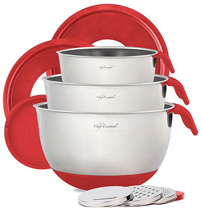 Stainless Steel Mixing Bowl Set of 3 with Non-Slip Silicon Handles, Non-Skid Bottom, Measurement Marks, Grater Attachments and Leak-Proof Lids, Red, Chef Essential.