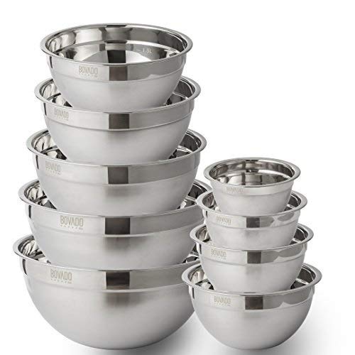 Stainless Steel Mixing Bowls Set of 9 - .75, 1, 1.5, 2, 2.5, 3.5, 4.5, 5, and 7 Qt.- Nesting and Stackable with Wide Rim and Brushed Finish - by Bovado USA