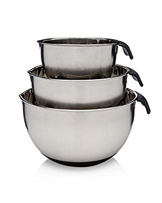 Francois et Mimi 16/20/24cm Food-Grade 3-Piece Stainless Steel Mixing Bowl Set with Easy-Grip Silicone Handles and Lids, with pour spouts Mixing Bowls