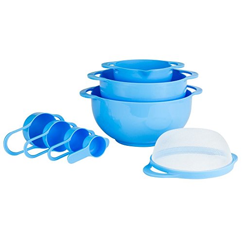 Set of 8 Compact Nesting Mixing Bowl Set Measuring Tools Sieve Colander Food Prep Plastic Dishwasher Safe Non-Slip, 8-Piece, By Intriom (Blue)