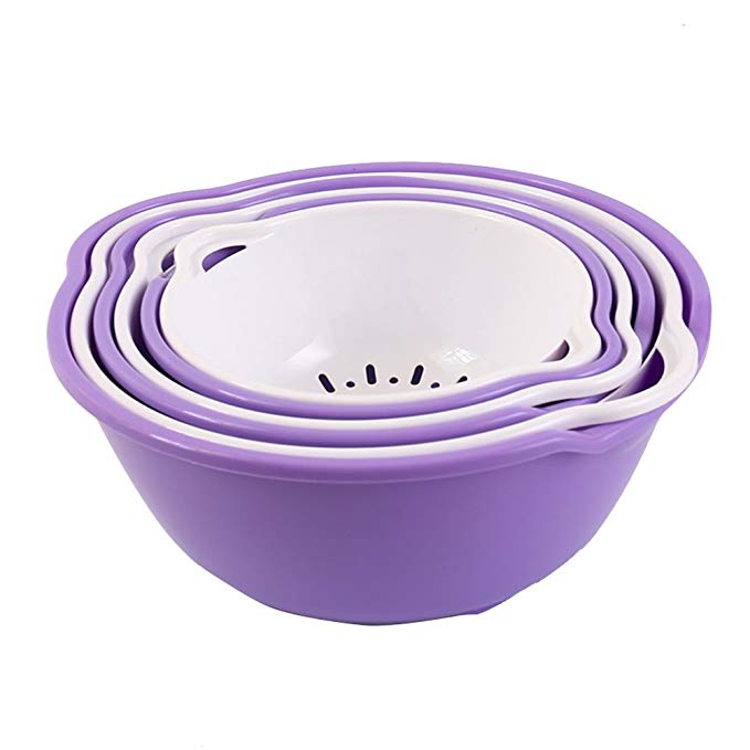 Trycooling 6 Piece Set Mixing Bowls and Nesting Colanders - Plastic Washing Bowl and Strainer for Fruits Vegetable Cleaning Washing Mixing (Purple)