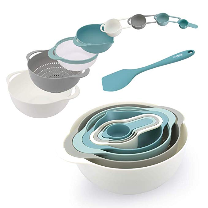 KALREDE Mixing Bowls Set Plastic 9 PCS including Silicone Spatula, Measuring Spoons, Colander, Sifter and Compact Nested Mixing Bowls(Food-Grade PP, Multi-Colour) (mixing bowls)