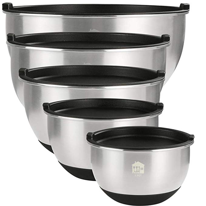 Mixing Bowls Set of 5, Wildone Stainless Steel Nesting Mixing Bowls with Lids, Measurement Lines & Silicone Bottoms, Size 8, 5, 3, 2, 1.5 QT, Non-Slip & Stackable Design, Great for Mixing and Prepping