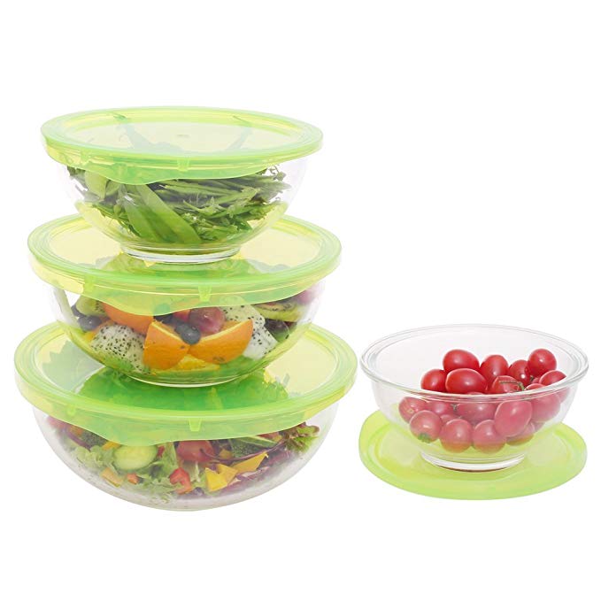 4-Piece Glass Mixing Bowl Set Round Nestable Prep Bowls For Cooking BPA-Free with Lids