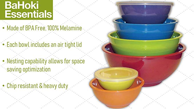 BaHoki Essentials 6 Sets of Nesting Mixing Melamine Bowls with Air Tight Lids, BPA Free, Stackable