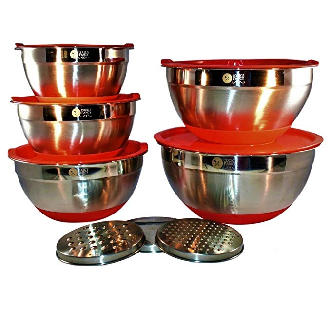 Cook's Fancy 5-Piece Professional Stainless-Steel Mixing Bowl Set, Red Non-Slip Bottoms and Matching Lids, 3 Assorted Grater Attachments, Engraved Measurement Lines