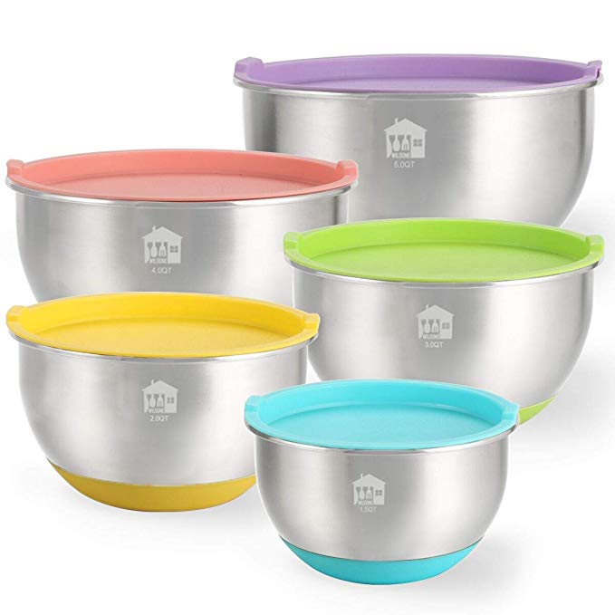 Mixing Bowls Set of 5, Wildone Stainless Steel Nesting Mixing Bowls with Lids, Non-Slip Silicone Bottom, for Mixing & Beating, Stackable Storage (1.5, 2.0, 3.0, 4.0, 5.0 qt)