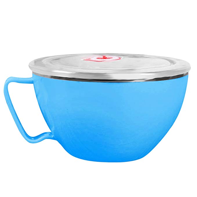 Dual Layer Stainless Steel Instant Ramen Noodle Soup Pasta Bowl Food Fresh Container Lunch Rice Bowl With Cover Lid 900ml Blue