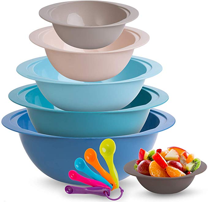 Plastic Mixing Bowl Set – 6 Stackable Nesting Bowls + 5 Measuring Spoons for Cooking & Baking – Small and Large Plastic Bowl Cooking Supplies for Serving, Popcorn, Salad, Meal Prep, More by Monka