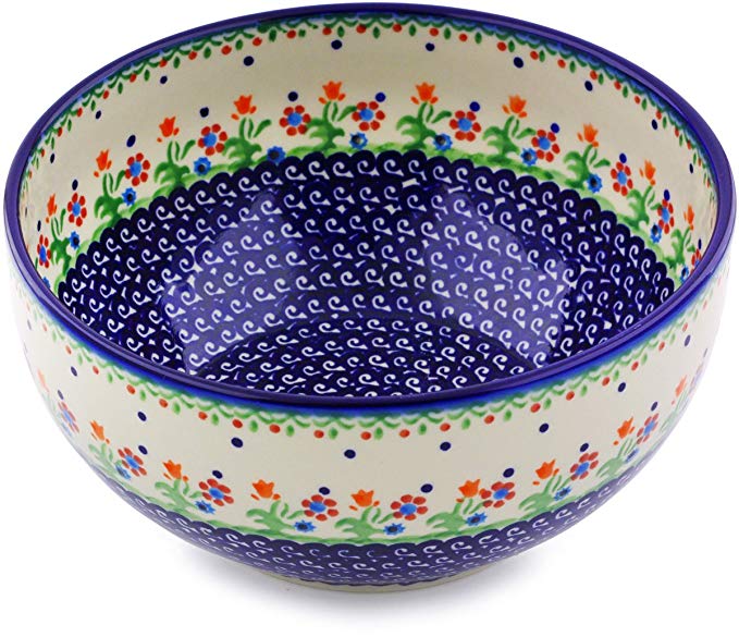 Polish Pottery 9-inch Bowl (Spring Flowers Theme) + Certificate of Authenticity