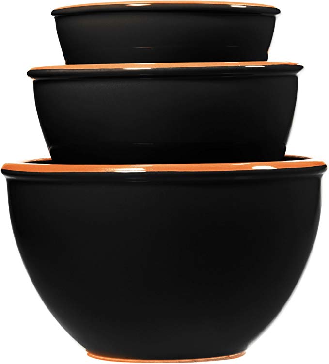 Home Essentials & Beyond Kitchenware Bakeware Ceramic Set of 3 Terracotta Black Mixing Prep Serving Nesting Bowls Kitchen Utensil Perfect For Serving Mixing, Whisking And Pouring