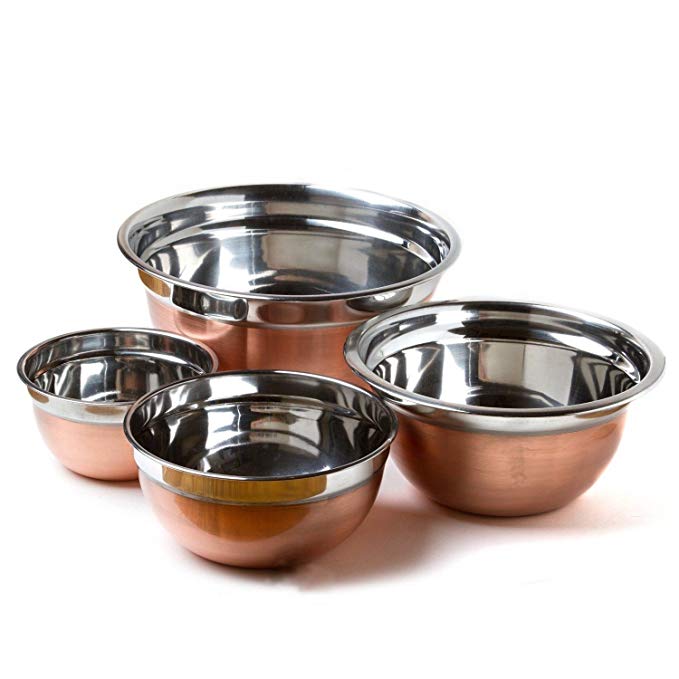 4 Stainless Steel Copper Finish Euro Style Mixing Bowl Set 5,3,1.5,.75 Quart Qt