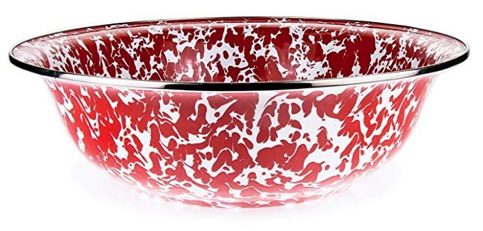 Enamelware - Red Swirl Pattern - 13.5 Inch Round Serving Basin