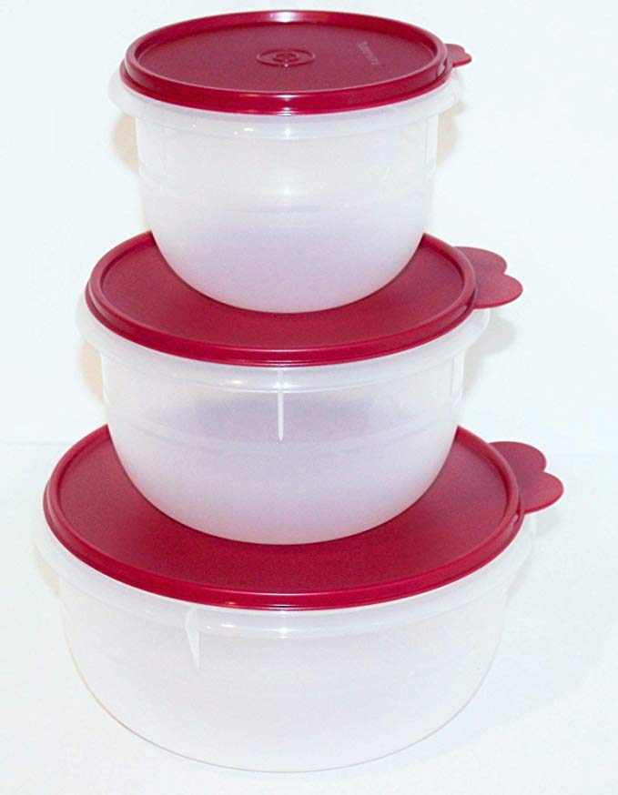 Tupperware Set of 3 Classic Flat-Bottom Mixing, Salad, Dough Bowls with Liquid and Airtight Seals in Vineyard Bordeaux (purple/red) - 4, 8, 12 Cup Capacities