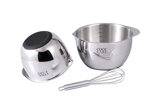 Cool Care Stainless Steel Mixing Bowl & Whisk Set, Heavy Duty Non Slip SS Metal - Mini, Compact, Small Stackable Nesting - Best Mixer, Salad, Cooking, Baking, Pancake Batter - 3 ½ Quart & 1.5 QT