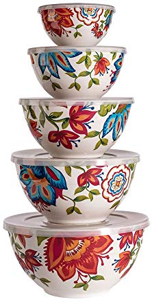 Melamine Bowls with Lids, 10-Piece Set (5 bowls, 5 lids) Floral Pattern