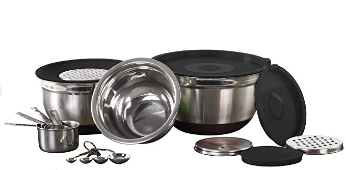 Imperial Home 17 Pc Stainless Steel Mixing Bowl Set Includes Measuring Spoons, Measuring Cups, 3 Grater Set – Mixing Bowls With Lids & Anti Slip Silicone Bottoms For Baking (Black)