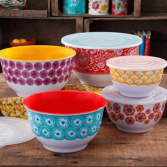 The Pioneer Woman 10-Piece Traveling Nesting Mixing Serving Bowl Set features Vibrant Colors PACK OF 1