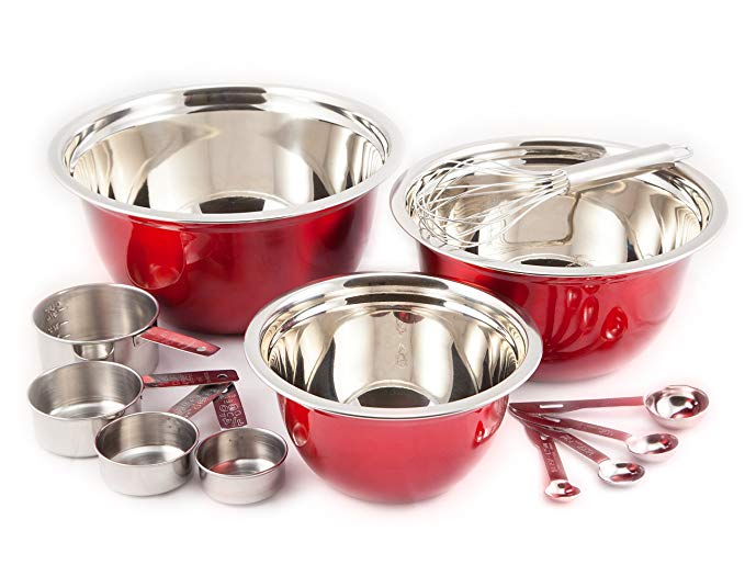 Grande Epicure Heuck 12-Piece Classics Stainless Steel Mix and Measure Bowl Set, Red