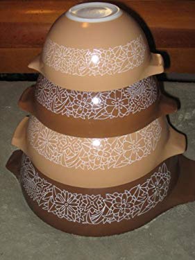 SET OF 4 - Vintage 1978 Pyrex WOODLAND Brown & Beige Cinderella Mixing Nesting Batter Bowl Set - 4 qt, 2 1/2 qt, 1 1/2 qt & 1 1/2 pint